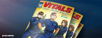 The cover of the Marvel's graphic novel The Vitals - True Nurse Stories on a blue background.