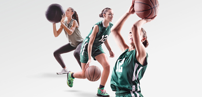 A student athlete superimposed over several versions of herself playing basketball and training.