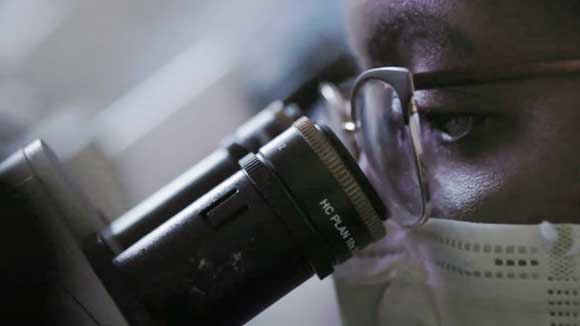 Closeup view of a black pathologist examining material under a microscope.