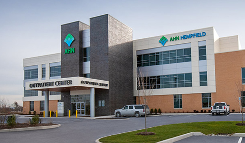 A view of the entrance of AHN Hempfield Cancer Institute.