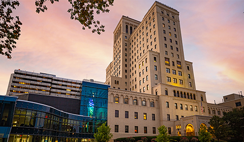 An exterior shot of Allegheny General Hospital in the evening.